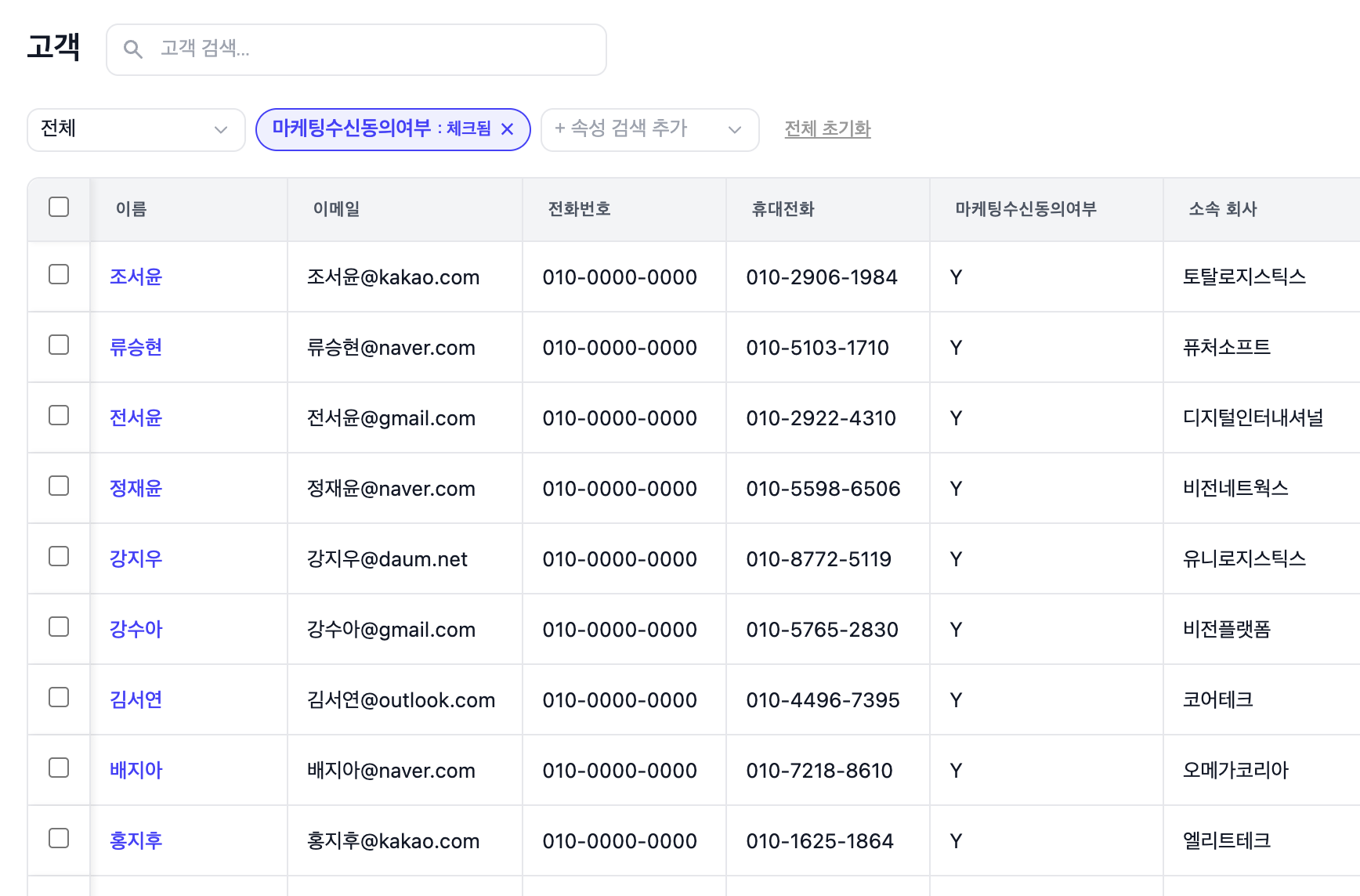 마케팅 수신 동의자 레코드 목록