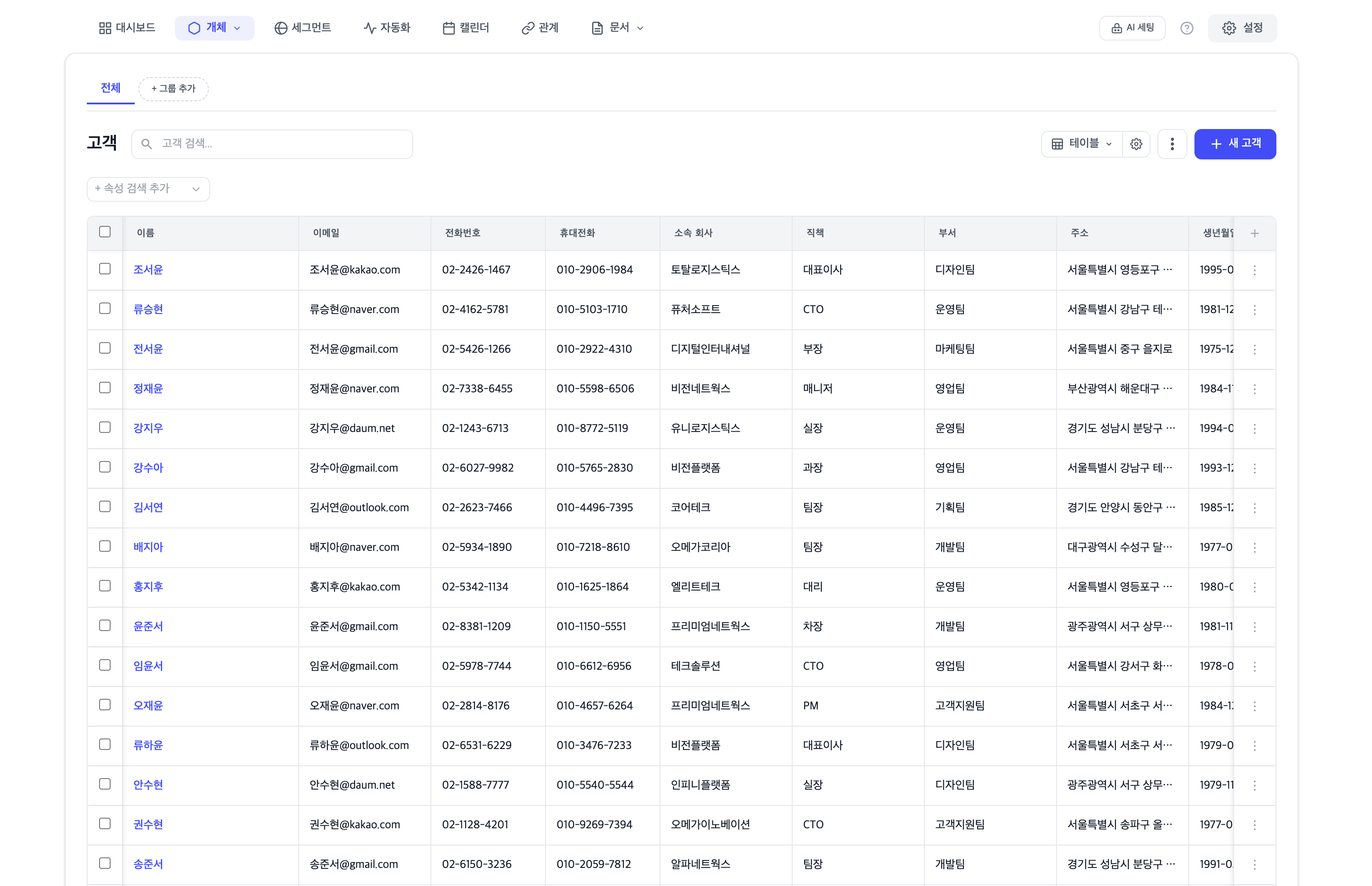 SOLAPI CRM 고객 관리 화면
